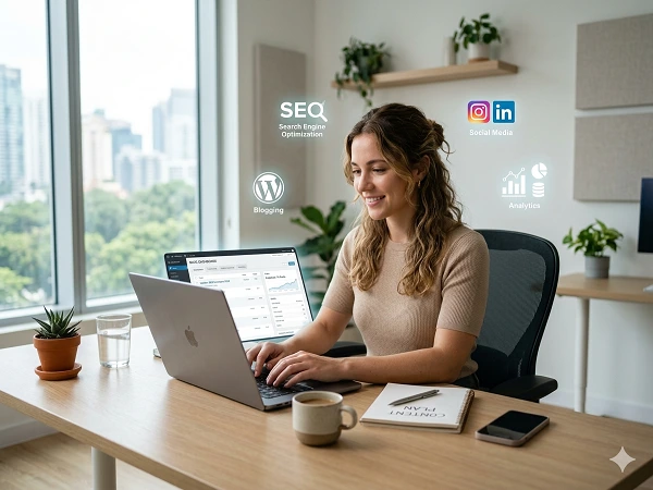 woman working on laptop for blogging seo wordpress and online income